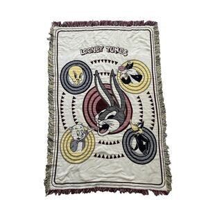 Looney Tunes Warner Brothers Bugs Bunny Faces Blacket Throw Tapestry Vtg Fringe